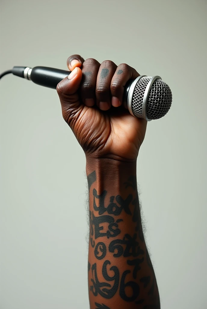 A muscular African hand tatted "LiB Dax EST 1996" holding microphone upward