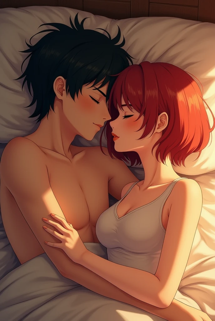 A girl white with haircut short, red hair, in the bed with a boyfrined, a boy swarm, haircut long, black hair