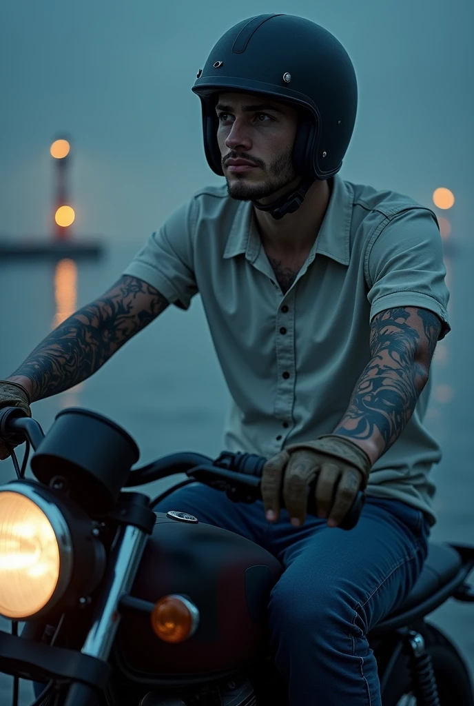 Twenty year old boy, grey eyes with a white shirt and blue pants, sitting on a motorcycle with a helmet on his head and gloves, Arms full of tattoos, It is half turned and you can see its profile, It's nighttime and you can see some lighthouses in the background