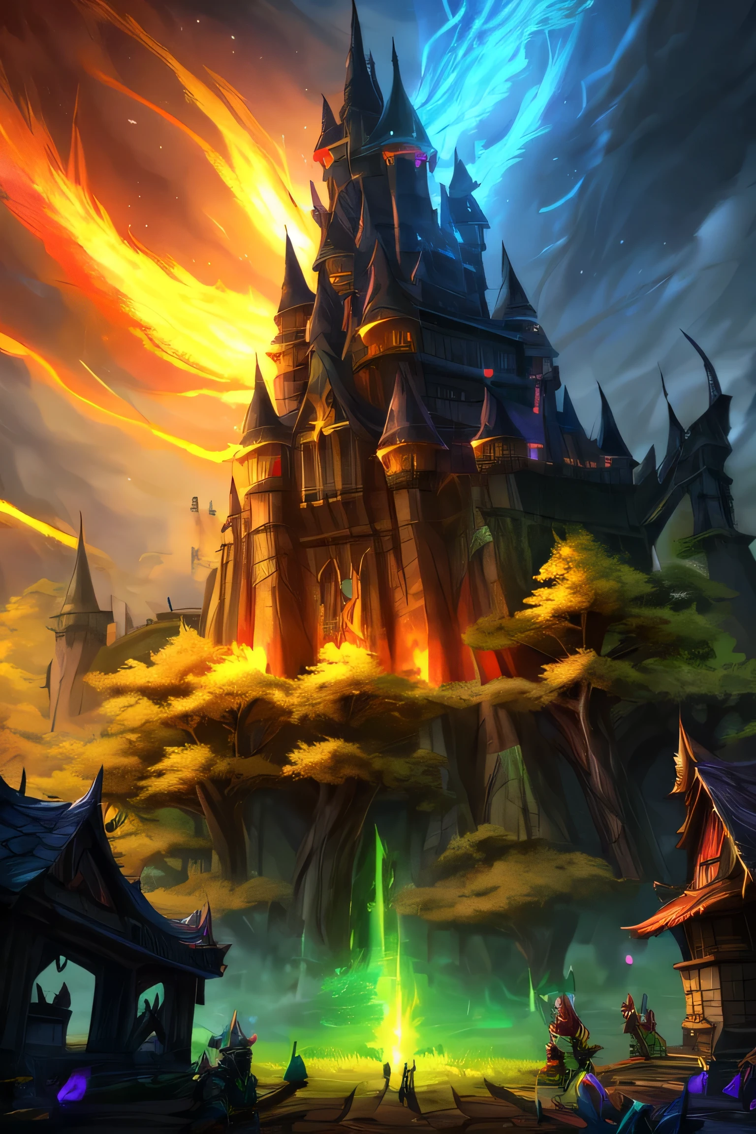 Anime style of a giant tree,The background is a castle with vibrant yellow aura surrounding it, Black and yellow ominous fantasy illustration, Anime fantasy artwork, 2. 5 d cgi Anime fantasy artwork, High quality digital concept art, Epic fantasy digital art style, League of Legends Concept Art, World of Warcraft concept art, Dota 2 concept art, Amazing concept art, Concept Art Wallpaper 4K