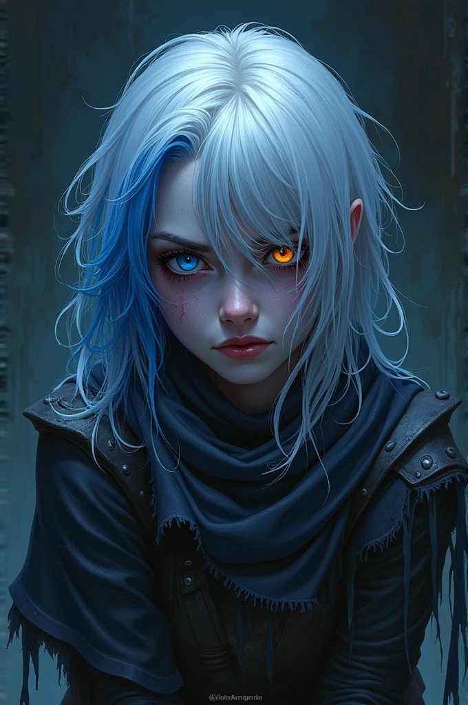 Human female with purple gray skin color blue eyes and white blue hair traumatized and slightly emo with her hair obscuring half of her face and eye dungeons and dragons rpg style