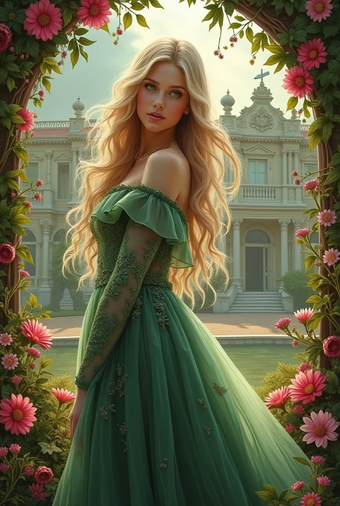 Create for me the image of the cover of my book the title (Anne's Fate) write the name in Portuguese and put my author name Kelly Ramos put a palace in the background, flowers and a young woman with an angelic face, a very realistic image of blond hair and green eyes wearing a moss green dress from the 1910s