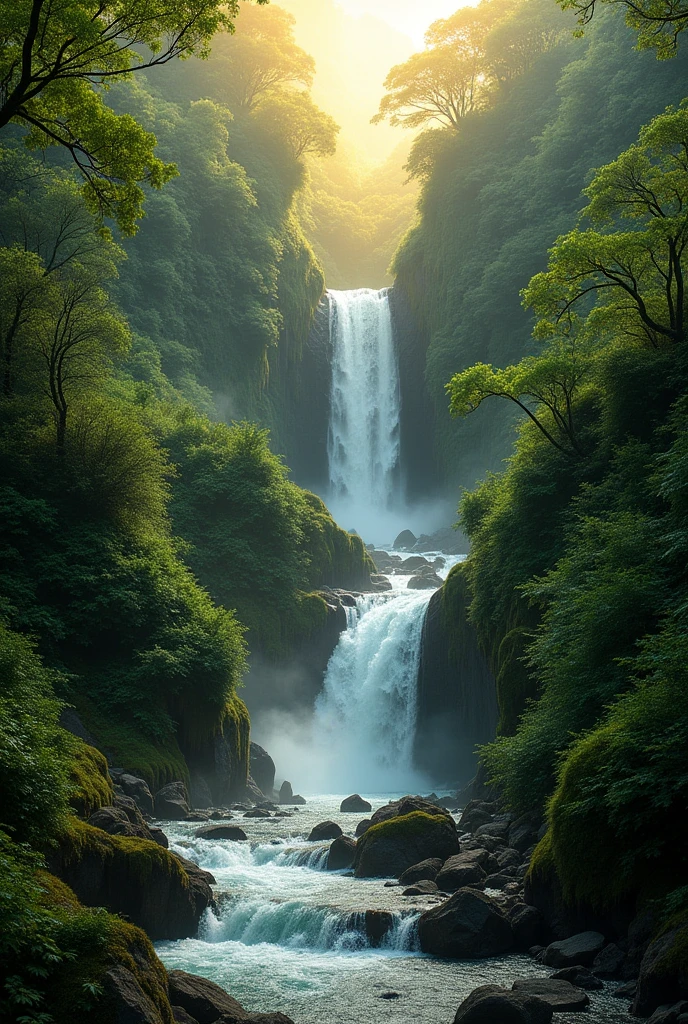 Azores, cascade , lush vegetation, golden color , moody atmosphere high definition 