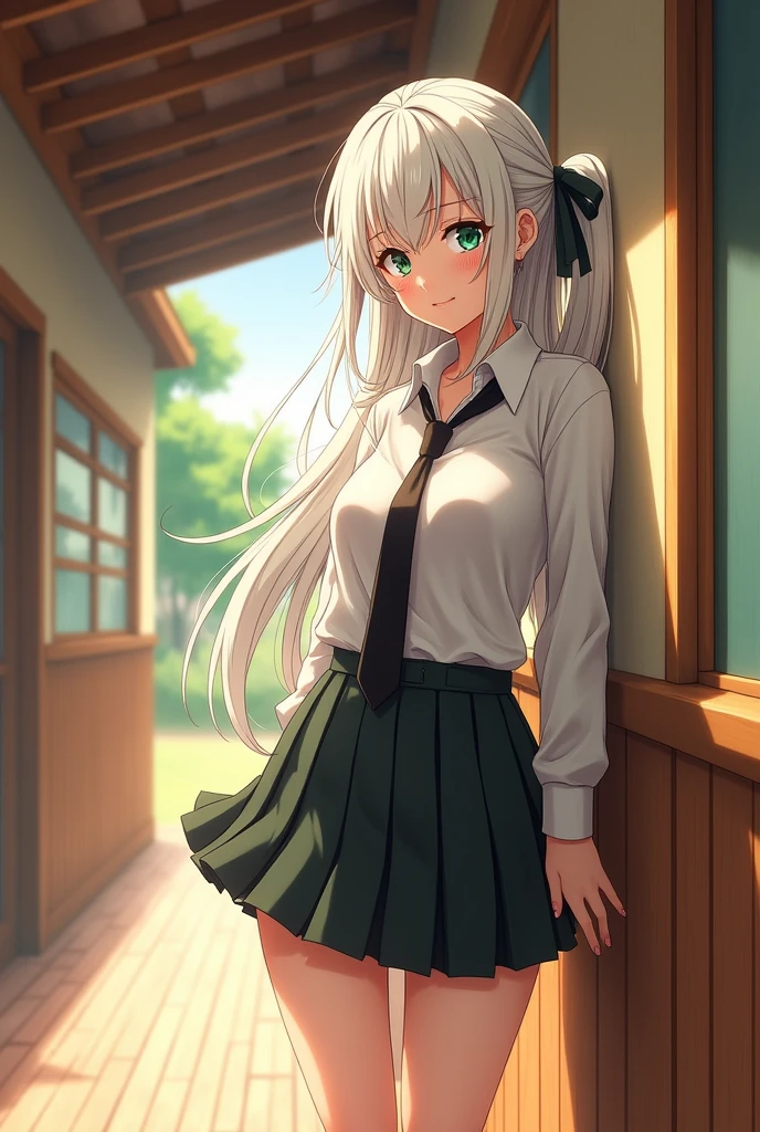 Sure! Here's a detailed prompt for an anime-style scene featuring Isabella Neves:

---

**Isabella Neves is standing alone in a sunlit corridor of the rustic country school, her back leaning casually against a wooden wall. She is about 5'8", tall for a girl, with a slender yet curvaceous build that catches the eye. Her pale skin contrasts sharply with her striking white hair, which cascades in loose, flowing waves down to her mid-back, framing her delicate, heart-shaped face. Light freckles dust her cheeks and nose, adding a touch of youthful innocence to her otherwise bold appearance.**

**She wears a revealing school uniform that accentuates her figure—a short skirt that flutters just above mid-thigh, and a form-fitting blouse that hugs her curves, the top few buttons provocatively undone to reveal a hint of cleavage. The skirt, in a deep, rich shade of blue, contrasts with the crisp white blouse, while a slim black tie hangs loosely around her neck, adding a touch of rebellious flair.**

**Isabella's vibrant emerald eyes gleam with mischievous energy as she gazes off to the side, a sly, almost playful smile tugging at the corners of her lips. Her expression is a mix of confidence and curiosity, hinting at her bold personality and unspoken secrets. With one hand, she lightly twirls a lock of her white hair, while the other rests casually on her hip.**

**The scene captures a moment of stillness—Isabella is lost in thought, perhaps plotting her next adventure or contemplating a recent encounter. The sunlight streaming through the corridor windows casts a soft glow around her, highlighting the ethereal quality of her appearance. Her posture, relaxed yet assertive, and the subtle, playful expression on her face, perfectly encapsulate her daring yet innocent nature.**

---

This description would work well for an anime-style depiction of Isabella, emphasizing her unique look and personality.