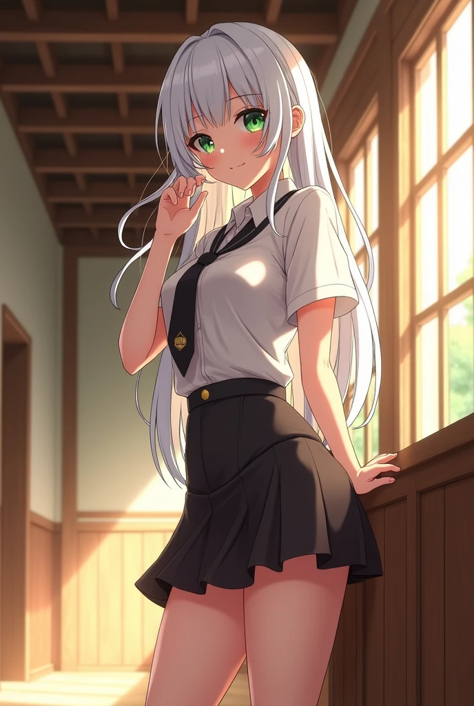 Sure! Here's a detailed prompt for an anime-style scene featuring Isabella Neves:
---
**Isabella Neves is standing alone in a sunlit corridor of the rustic country school, her back leaning casually against a wooden wall. She is about 5'8", tall for a girl, with a slender yet curvaceous build that catches the eye. Her pale skin contrasts sharply with her striking white hair, which cascades in loose, flowing waves down to her mid-back, framing her delicate, heart-shaped face. Light freckles dust her cheeks and nose, adding a touch of youthful innocence to her otherwise bold appearance.**
**She wears a revealing school uniform that accentuates her figure—a short skirt that flutters just above mid-thigh, and a form-fitting blouse that hugs her curves, the top few buttons provocatively undone to reveal a hint of cleavage. The skirt, in a deep, rich shade of blue, contrasts with the crisp white blouse, while a slim black tie hangs loosely around her neck, adding a touch of rebellious flair.**
**Isabella's vibrant emerald eyes gleam with mischievous energy as she gazes off to the side, a sly, almost playful smile tugging at the corners of her lips. Her expression is a mix of confidence and curiosity, hinting at her bold personality and unspoken secrets. With one hand, she lightly twirls a lock of her white hair, while the other rests casually on her hip.**
**The scene captures a moment of stillness—Isabella is lost in thought, perhaps plotting her next adventure or contemplating a recent encounter. The sunlight streaming through the corridor windows casts a soft glow around her, highlighting the ethereal quality of her appearance. Her posture, relaxed yet assertive, and the subtle, playful expression on her face, perfectly encapsulate her daring yet innocent nature.**
---
This description would work well for an anime-style depiction of Isabella, emphasizing her unique look and personality.