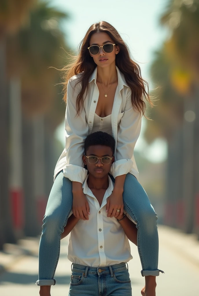 Create a photo of a 20 year old young woman, with a slender and beautiful body, wearing jeans and an open white shirt, with white and clear skin, with long brown hair and wearing sunglasses being carried on the shoulders of a age boy ,Scrawny, homely, short man who has dark black skin and is wearing a white shirt and jeans and glasses
