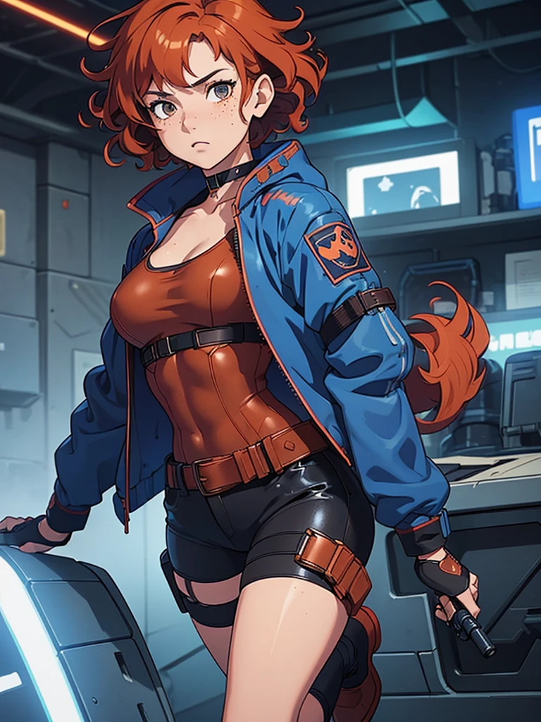 (masterpiece), (best quality), (1girl), (adult), (copper red hair), (curly hair), (short hair),  body figure, (small breasts) , (brown eyes), freckles, (blue cyberpunk outfit), (blue jacket),( blue battle outfit),(badass outfit),black shirt, boots, black choker, legs, (white knee guards), gun