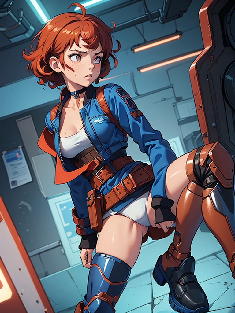 (masterpiece), (best quality), (1girl), (adult), (copper red hair), (curly hair), (short hair), body figure, (small breasts) , (brown eyes), freckles, (blue cyberpunk outfit), (blue jacket),( blue battle outfit),(badass outfit),black shirt, boots, black choker, legs, (white knee guards), gun