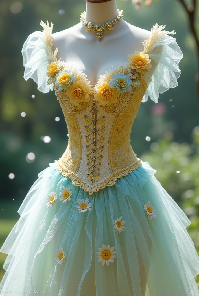  Short dress with a skirt with several layers of plain light blue tulle with glitter sparkles that does not go past the knee, corset at the waist with a neckline on the bust in yellow with bipiur embroidered lace and many flowers highlighted throughout the 3D corset and rhinestones with floating sleeves