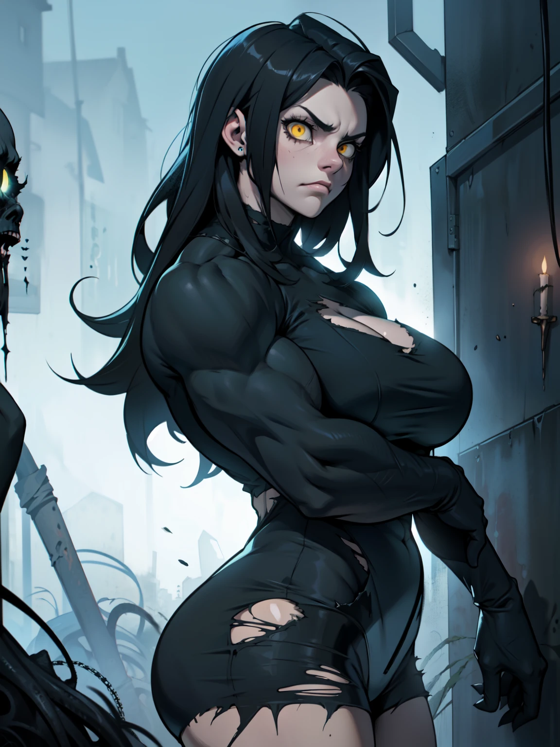 1 girl muscular black hair yellow eyes huge breasts pale skin expressionless sad expressionless sad expressionless sad expressionless sad expressionless sad expressionless sad expressionless sad creepy creepy