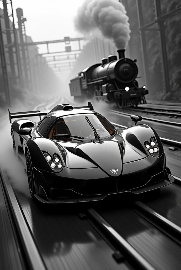 A SUPER CAR IN BLACK AND WHITE COLOUR RACING WITH TRAIN