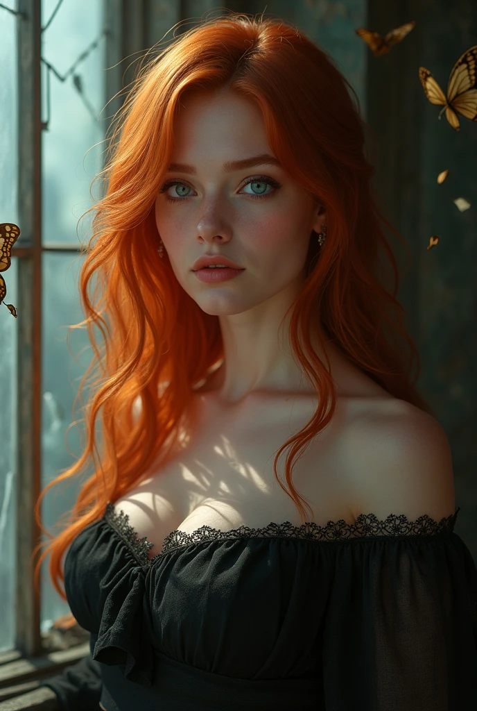(solo, full body photo:1.3), (action packed:1.3), (haze, fog, mist:1.3), chiaroscuro, best quality, photorealistic, 1woman, (cute), (24yo:1.2), redhead, long ginger hair highly detailed, 1700'S, digital photography, art by artgerm and ruan jia and greg rutkowski surreal painting gold butterfly filigree, broken glass, (masterpiece, sidelighting, finely detailed Fashionable eyes: 1.2) (perfect oval large eyes that gazes at the viewer), beautiful detailed face, blue gorgeous perfect eyes, (blonde hair ponytail), (attractive young woman:1.3), (thick amazing hair), (seductive:1.1), (blushing:1.1)