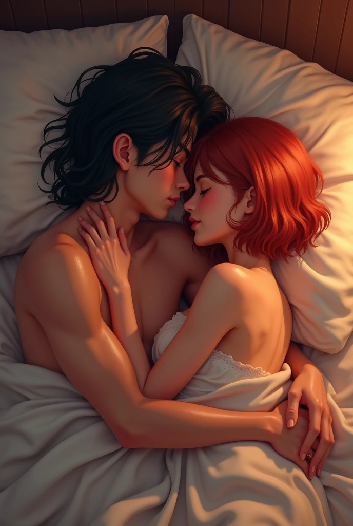 A girl white with haircut short, red hair, in the bed with a boyfrined, a boy swarm, haircut very long, black hair