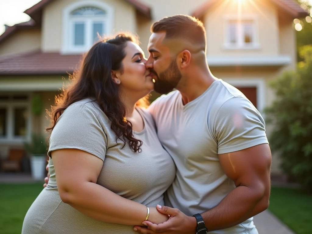 Realistic photo of a fat woman with her slim and muscular husband, both happy as they kiss and show the keys to their new house. The couple must be standing in front of their house, visible in the background, with an expression of happiness and celebration for this great achievement in their lives. Natural light should highlight both the couple and the home, creating a warm and cheerful atmosphere. The image must convey love, excitement and the beginning of a new stage in their life together, Celebrating their first home with joy.