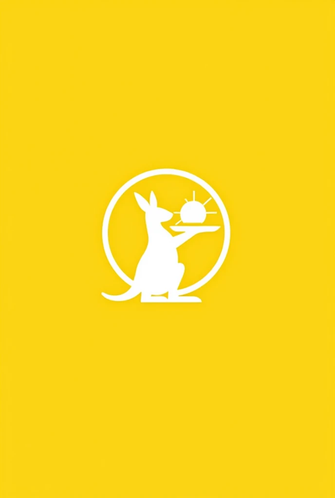Un logo rond basic blanc sur fond jaune d'un kangourou qui tient dans sa main droite un plateau au dessus de ce plateau, there is a sunset. Dans son autre main, he holds the service bell open to the sunset.
