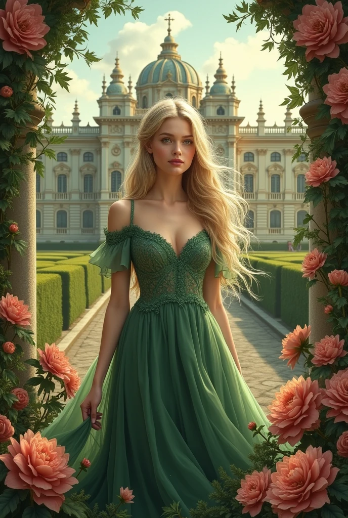 Create for me the image of the cover of my book the title (Anne's Fate) write the name in Portuguese and put my author name Kelly Ramos put a palace in the background, flowers and a young woman with an angelic face, a very realistic image of blond hair and green eyes wearing a moss green dress from the 1910s