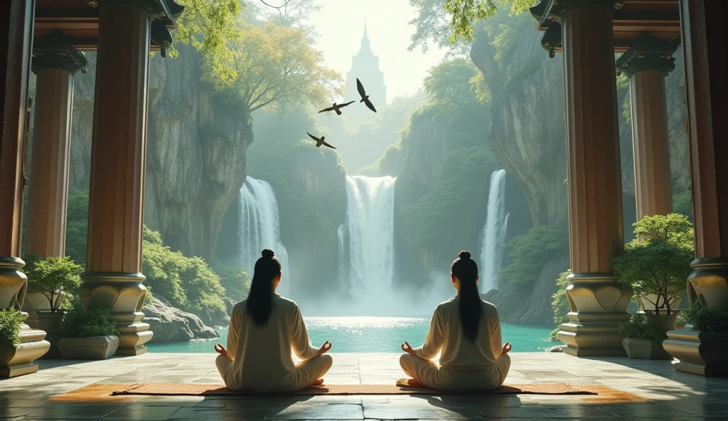 2 Asians meditating with their backs to an image in an ancient temple with birds flying and two waterfalls in front and lots of nature