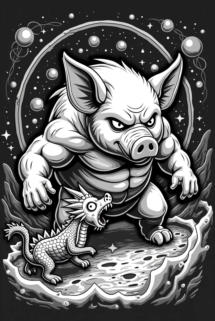 create a t-shirt design for the tusca festival, in black and white, featuring a strong pig mascot beating a small japanese dragon, in the context of a trip to other dimensions, portals, psychedelic, university games, rick and morty style