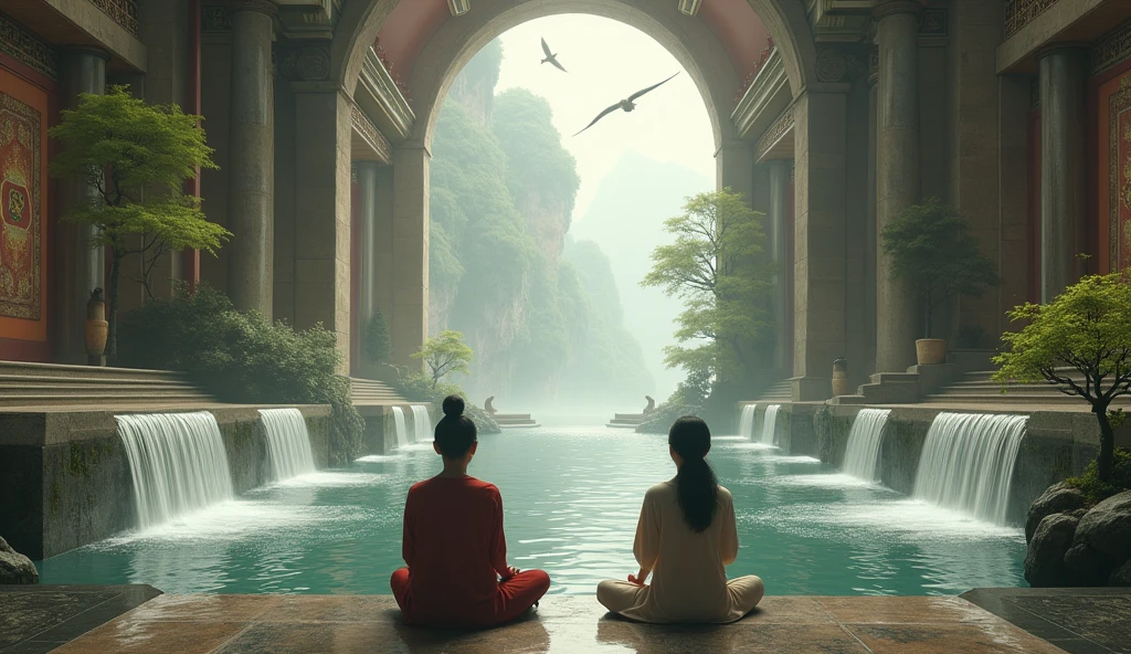 2 Asians meditating with their backs to an image in an ancient temple with birds flying and two waterfalls in front and lots of nature