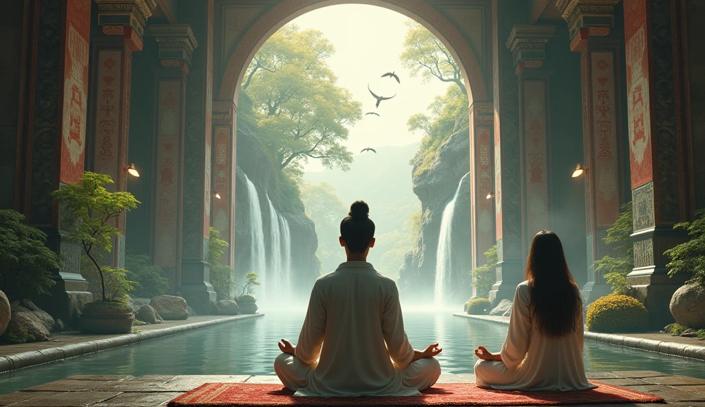 2 Asians meditating with their backs to an image in an ancient temple with birds flying and two waterfalls in front and lots of nature
