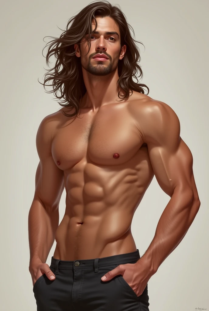 Sensual male figure with realistic details without clothes looking forward in color with long wavy brown hair