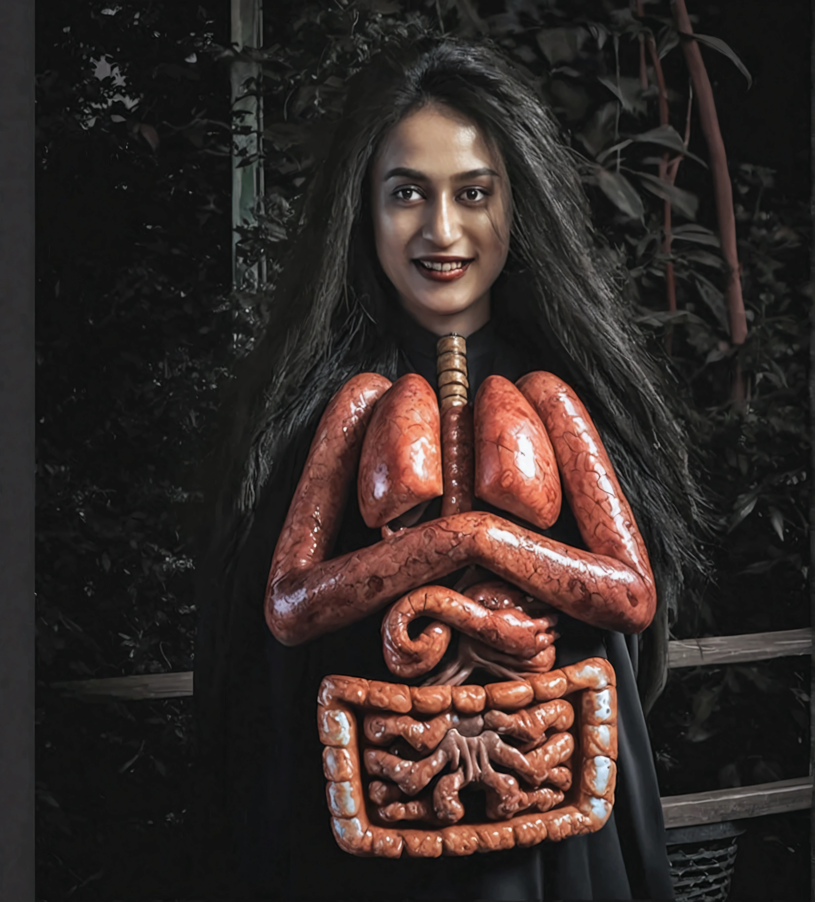 Beautiful woman with black hair, only head and internal organs
