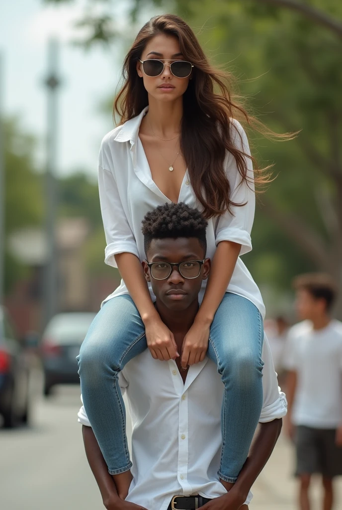 Create a photo of a 20 year old young woman, with a slender and beautiful body, wearing jeans and an open white shirt with white and fair skin, with long brown hair and wearing sunglasses being carried on the shoulders of a teenage boy ,Scrawny, homely, short man who has dark black skin and is wearing a white shirt and jeans and glasses