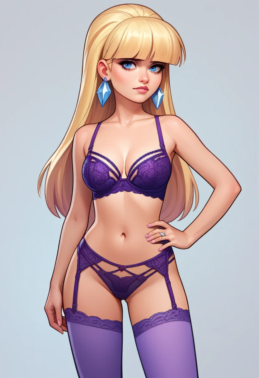 account_9, account_8_ex, account_7_ex, account_6_ex, account_5_ex, account_4_ex,pacifica, 1girl, solo, long blonde hair with bangs,empty background,hand on hip,dark blue eyes, purple shadows, lavender ring earrings, looking at the viewer,(((purple lace bra))),(((purple lace panties))),(((purple stockings with garters))),stands straight,front view