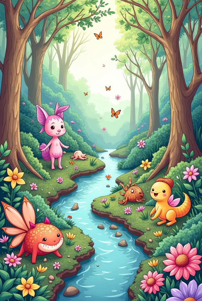 Create a coloring picture of a forest with fantastic creatures