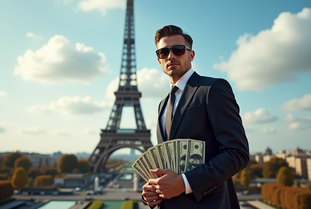 Man at a famous landmark: A wealthy man poses in front of a famous landmark, such as the Eiffel Tower, holding a briefcase full of dollar bills. He is dressed in a sharp suit and sunglasses, exuding confidence and success.