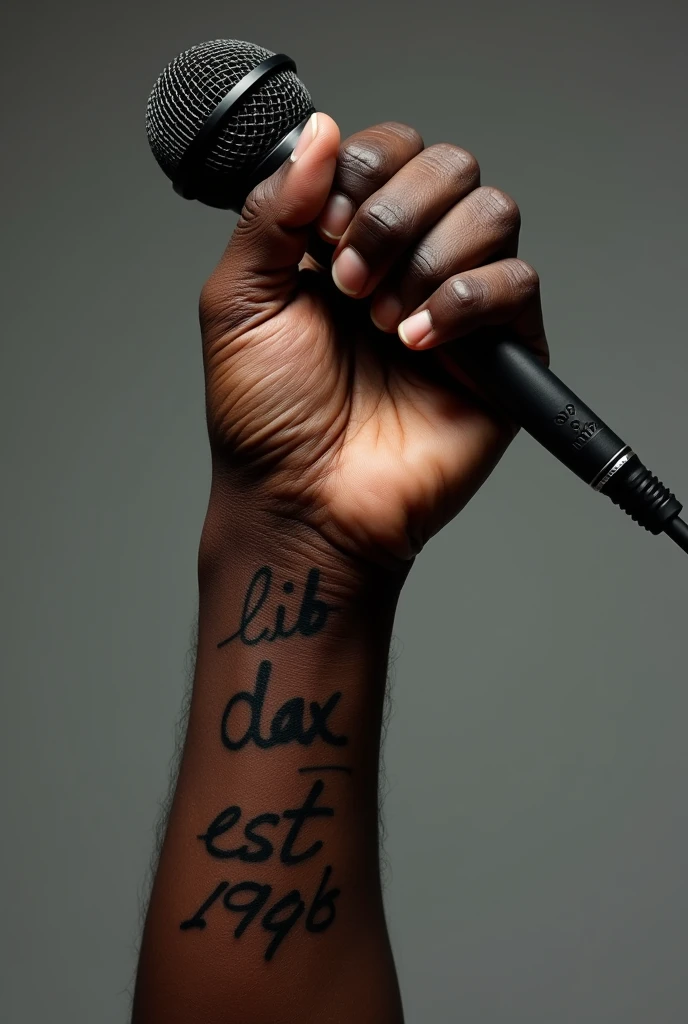 A muscular African hand with a written tattoo "LiB Dax EST 1996" holding microphone