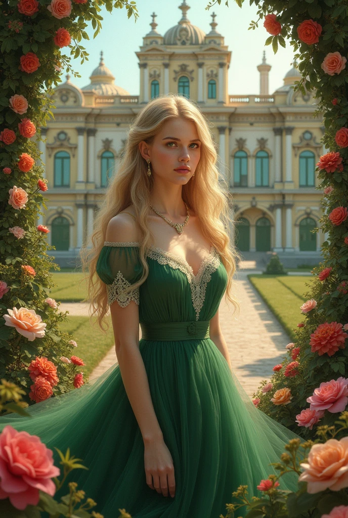 Create for me the image of the cover of my book the title  (Anne&#39;s Fate) write the name in Portuguese and put my author name Kelly Ramos put a palace in the background, flowers and a young woman with an angelic face, a very realistic image of blond hair and green eyes wearing a moss green dress from the 1910s