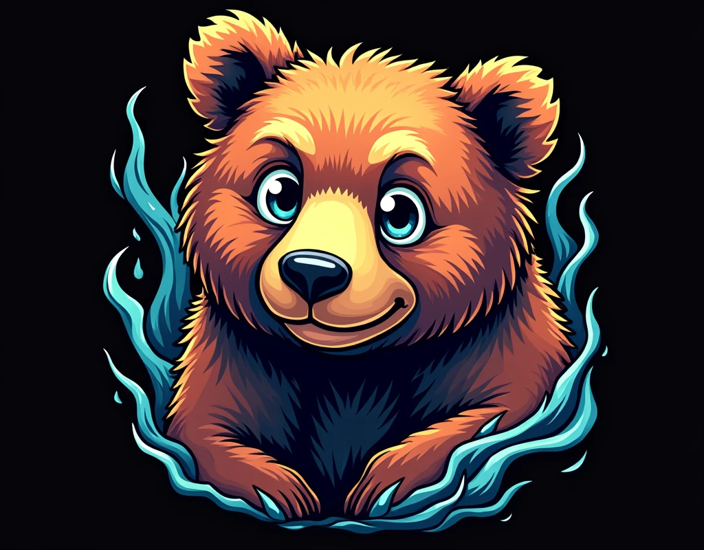 A vector design for a t-shirt, with a black background featuring elements of [[Bear] in the style of hyper-detailed illustrations with a colorful, cartoonish style in high resolution using [Brown+gray] colors and hard edge lines, along with swirling details and high contrast