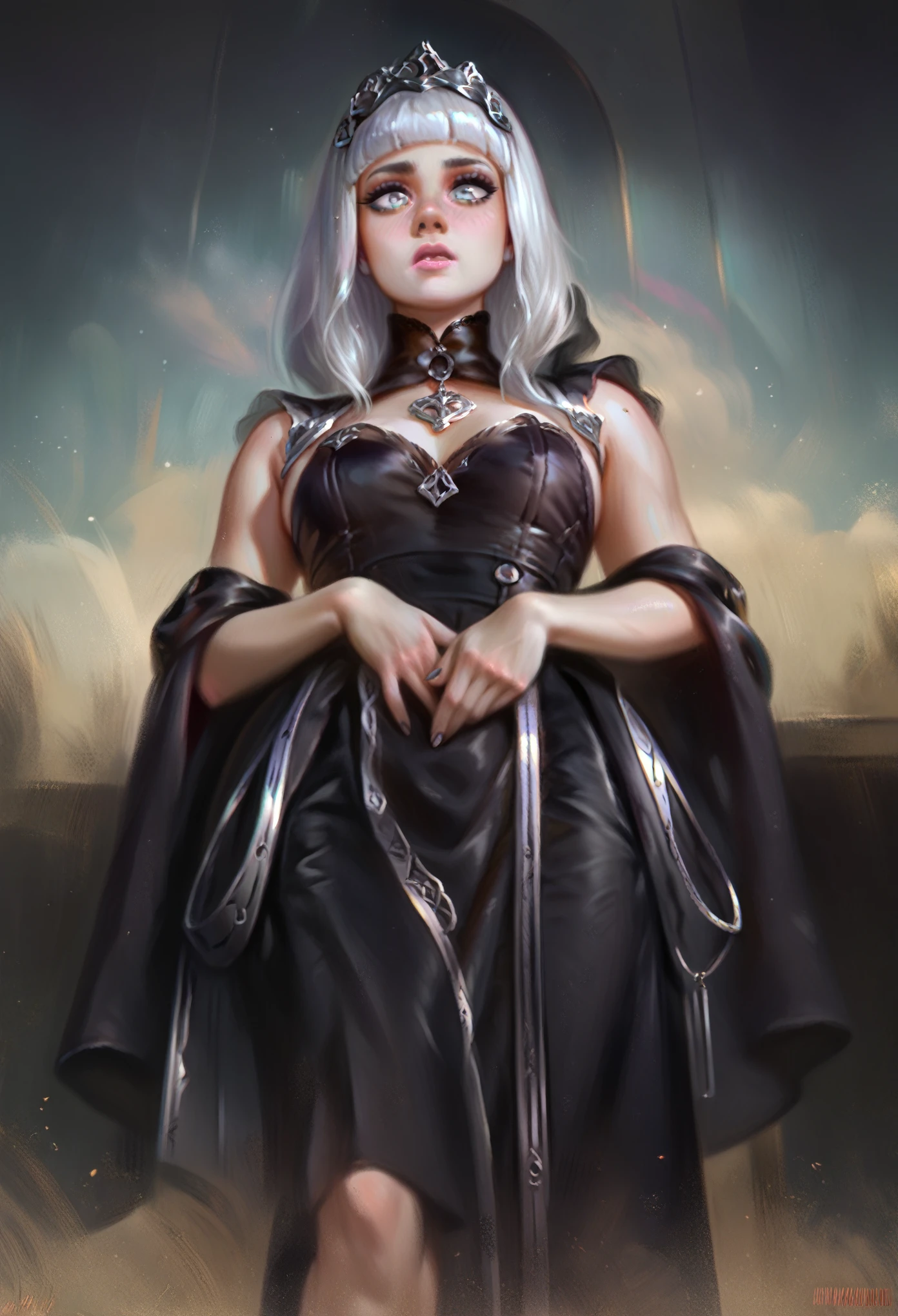 score_9, score_8_up, score_7_up, score_6_up, score_5_up, score_4_up, best aesthetic,high quality, 1girl, pale skinned, detailed, black dress, shy, looking down, grey eyes, hime cut hair,