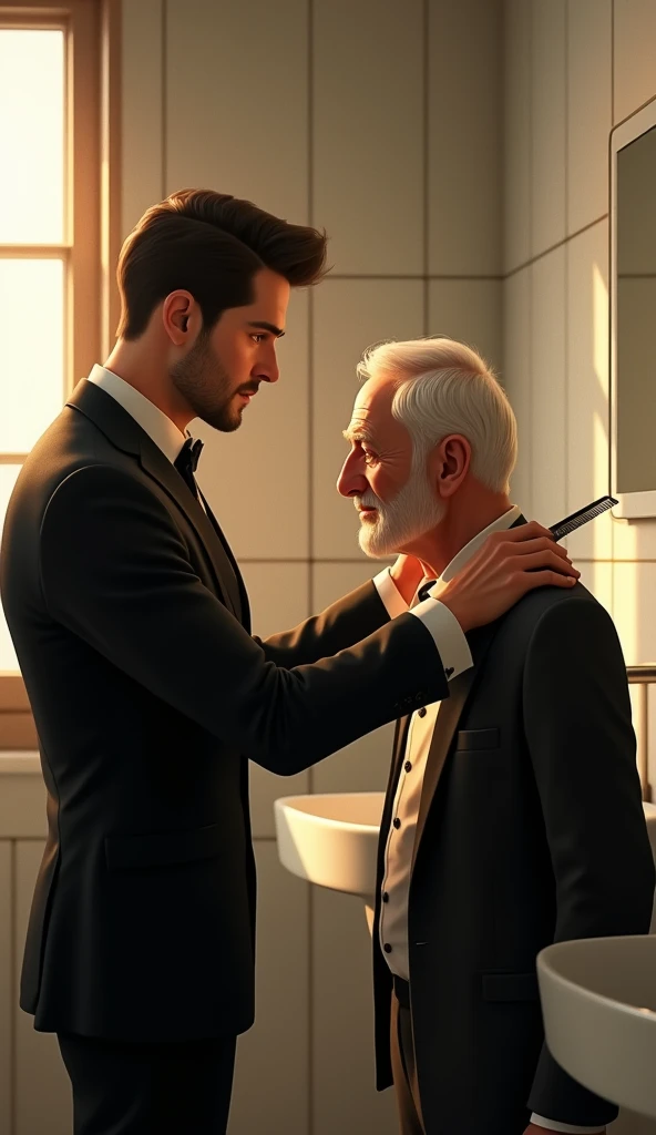 a handsome guy with black suit combing his old father's hair with a comb at a wash room, pixar disney style, cinematic, masterpiece, high-aesthetic , portrait