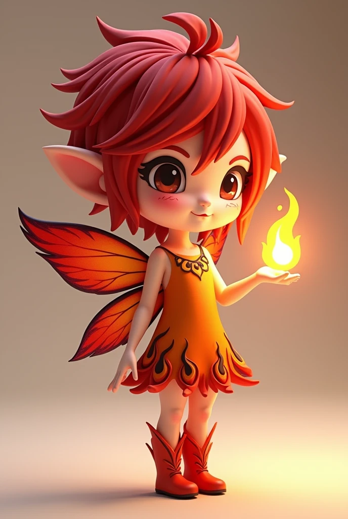 C4D model, a chibi-style fairy, with fiery red hair styled in a short, spiky cut, wearing a bright orange dress with black flame designs, and dark red wings. She holds a small flame in her hand, and her shoes are orange boots with flame patterns, representing her bold and fierce personality.
