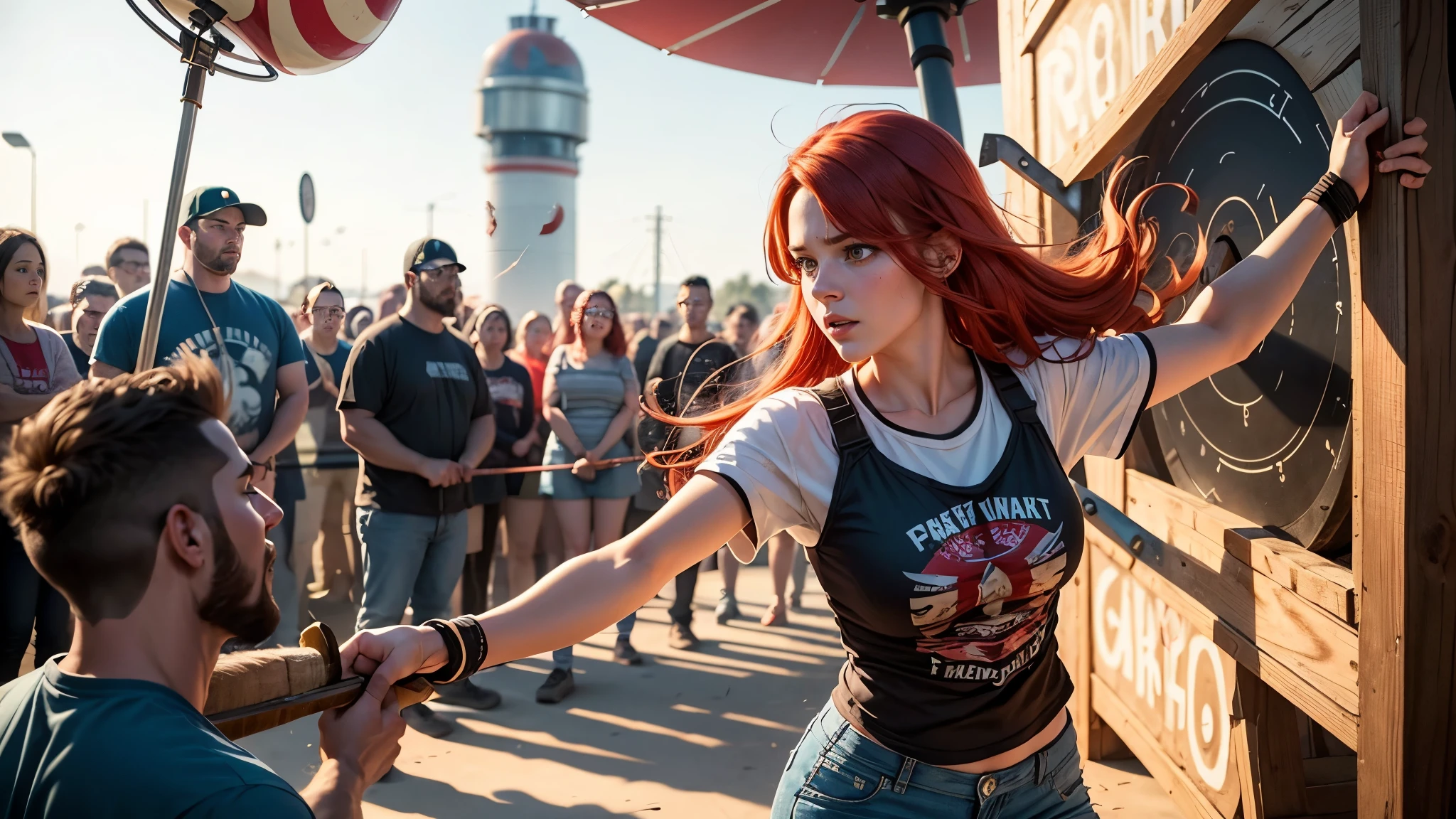 a girl with red hair throwing an axe at a man on a giant spinning wheel. The man looks nervous. Carnival axe throwing.