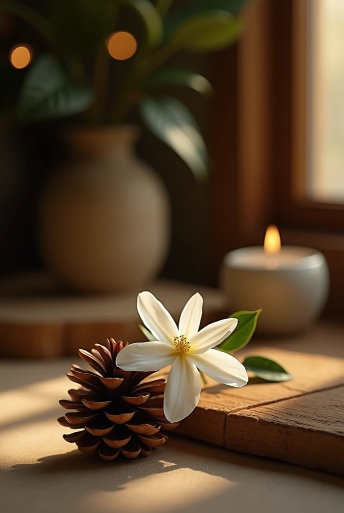  Still life of a jasmine with pine cone in a room with soft lighting 