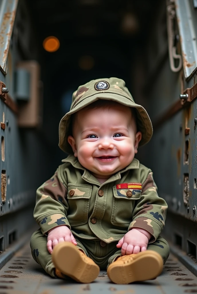 Cute smiling in army uniform in C130 plane Real life