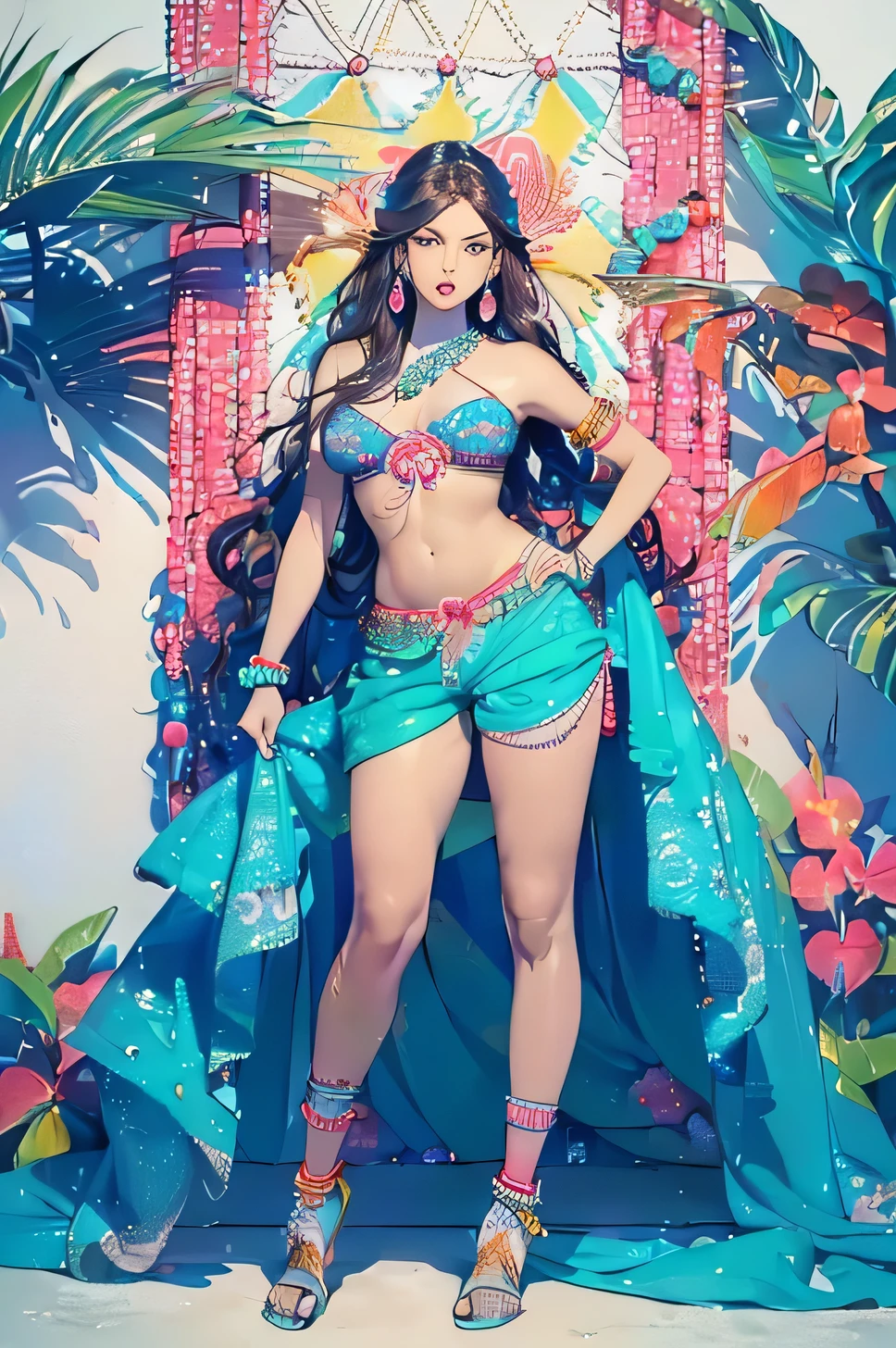 ((masterpiece, best quality, cinematic, photorealistic, ultra-detailed)), ((wide shot)), ((alluring girl)), ((voluptuous body, perfect anatomy, sexy body)), ((glossy red skin, hot and sexy)), ((perfect hands)), ((large breasts)), ((long round legs)), ((detailed and shiny hair, dark brown hair, flowing wavy hairstyle)), ((wearing sando, in sunny yellow color with white stripes:1.2)), ((wearing pekpek shorts, in turquoise blue with coral pink floral patterns :1.3)), ((a beaded anklet with tropical charms:1.4)), ((strappy sandals in a neutral tan color with floral embellishments)), ((sensual pose)), ((standing and leaning on white wall))
