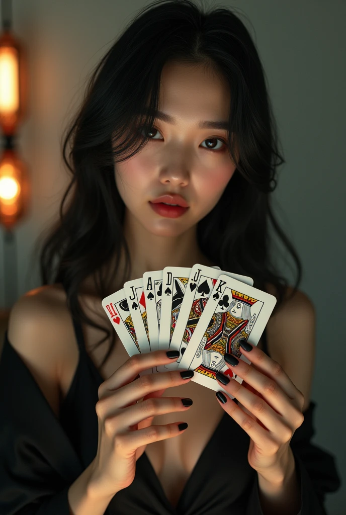 create an image for a website of a cute and sexy asian girl with cards in her hand