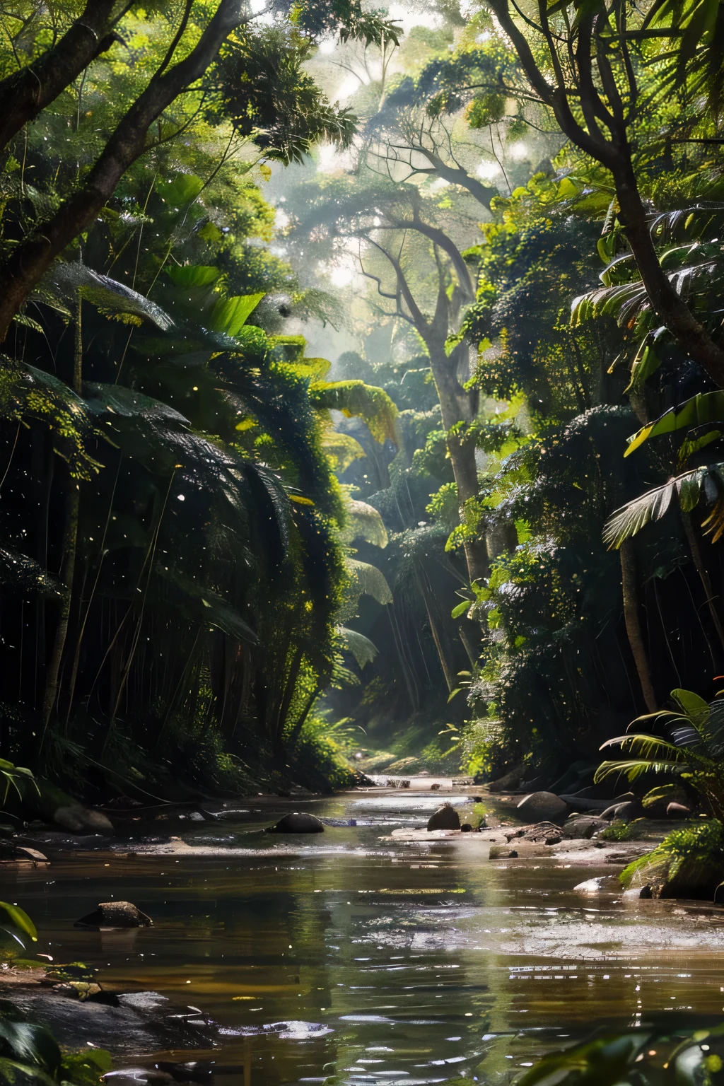Imagine a stunning scene of the Amazon rainforest captured in a vibrant photo. En el centro de la imagen, a river meanders gently, its crystal clear waters reflecting the intense green of the surrounding vegetation. The river banks are covered with a dense layer of tropical foliage, with towering trees standing majestically against a partly cloudy sky.
Em primeiro plano, a series of lush plants, like colorful ferns and orchids, add a touch of brightness and diversity to the scene. Amid the vegetation, small, vibrantly colored flowers contrast with the predominant green, and you might even see some exotic birds flying or perched in the trees, with bright and attractive plumage.
The soft sunlight timidly penetrates through the treetops, creating beams of light that dance over the ground covered in dry leaves. The air seems to vibrate with the energy of the forest, and the sound of the birds and the murmur of the river create a natural symphony, that can almost be heard even in the image.
Ao fundo, the hills covered with vegetation form a blue and hazy line, adding a sense of depth and mystery to the scene. The photo captures not only the visual beauty of the Amazon, but it also conveys a sense of tranquility and grandeur that characterizes this rich and vital region of the planet.