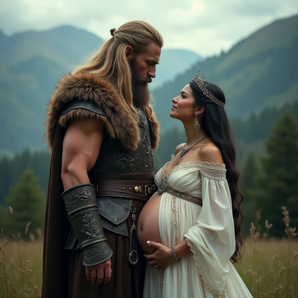 A powerful Documentary Photography of a romantic scene set in a mystical, medieval world. A towering, muscular warrior with flowing golden hair and a thick beard stands protectively beside a pregnant woman, who gazes up at him with a serene expression, The warrior, clad in detailed leather and fur armor adorned with intricate metal designs, rests one hand on the woman's shoulder while the other grips a large sword at his side. The woman, dressed in an elegant, flowing white gown decorated with delicate jewelry, cradles her pregnant belly with both hands. Her long, dark hair cascades down her back, and she wears a jeweled crown, emphasizing her noble status. The background features a lush, natural landscape with mountains, trees, and a moody sky, adding to the epic and emotional atmosphere of the scene, Medium Shot, 8k, Intricate details, Shallow depth of field, sharp focus, Cinematic natural Lighting, Deep Focus, f/22, Cinematic film still, shot on Sony a7R V, film grain, color graded, post-processed, cinematic lighting, Sony FE 35mm, best quality, photorealistic