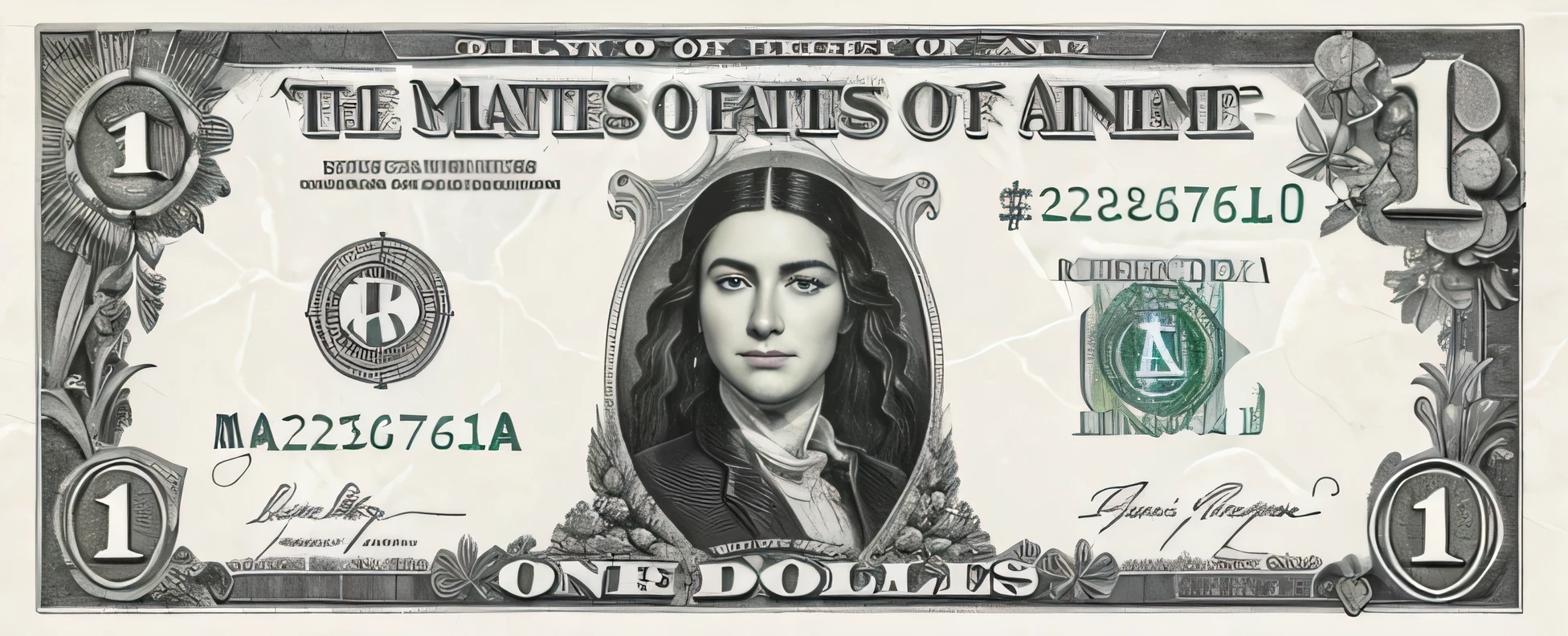 (Best quality, 8k, 32k, Masterpiece, UHD:1.2) To create a dollar bill design inspired by Gravity Falls' negative 12-dollar bill, envision a surreal, whimsical currency that blends both the eerie and playful elements of the show. The bill should have a vintage look, with intricate details and patterns reminiscent of traditional currency but with a quirky twist.

Front Side: The center of the bill features the head of a mysterious female figure. Her expression is enigmatic, with one eyebrow slightly raised, and she has a faint, knowing smile. The female figure's hair is flowing and stylized, reminiscent of classic portraiture but with an exaggerated, almost cartoonish quality. The eyes might have an unusual glow or a subtle hint of mischief, reflecting the oddities of the Gravity Falls universe.

Design Elements: Surrounding the central portrait are intricate borders and patterns, but with odd, subtly strange symbols hidden within—like pine trees, question marks, or even cryptic, barely noticeable codes. The corners of the bill display the denomination, but instead of a standard dollar amount, it reads "Negative $12," with the text itself being slightly askew or distorted.

Color Scheme: The bill has a greenish hue, like traditional currency, but with hints of gold and silver, giving it a slightly otherworldly feel. The overall design should evoke the strange and mysterious atmosphere of Gravity Falls, blending the familiar with the bizarre.

The architecture is modern and sleek, with sharp angles and minimalistic design elements that give the arena a cutting-edge, almost futuristic feel. The boundaries of the field are marked with glowing lines, adding to the high-tech aesthetic. Overall, the arena exudes a sense of intense competition and pressure, perfectly capturing the ruthless and high-stakes environment of Blue Lock.