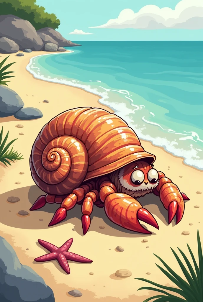 Female hermit crab with antisocial spiral shell on a beach cartoon style