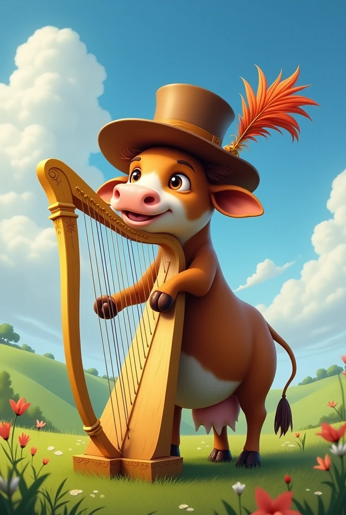 Cow with hat and harp
