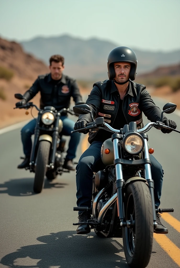 A GROUP OF MOTORCYCLISTS WEARING A BLACK SHIRT AND JEANS MOTORCYCLE CLUB VEST, mL a close-up capturing the harmonious beauty between ROAD AND ITS CUSTOM OLDSCHOOL MOTORCYCLES,