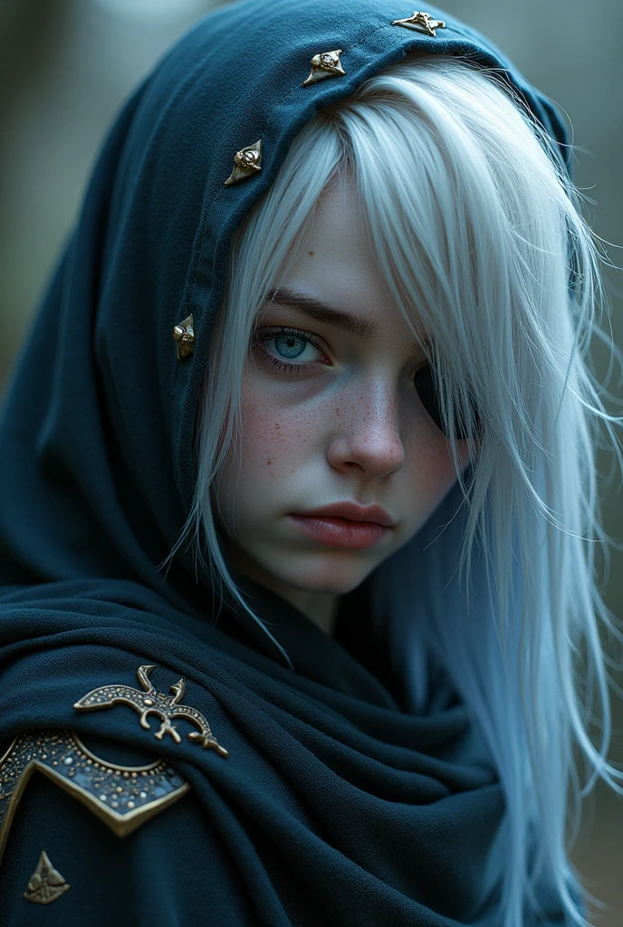 Human female with gray skin color blue eyes and white blue hair traumatized and slightly emo with her hair obscuring half of her face and eye dungeons and dragons rpg style