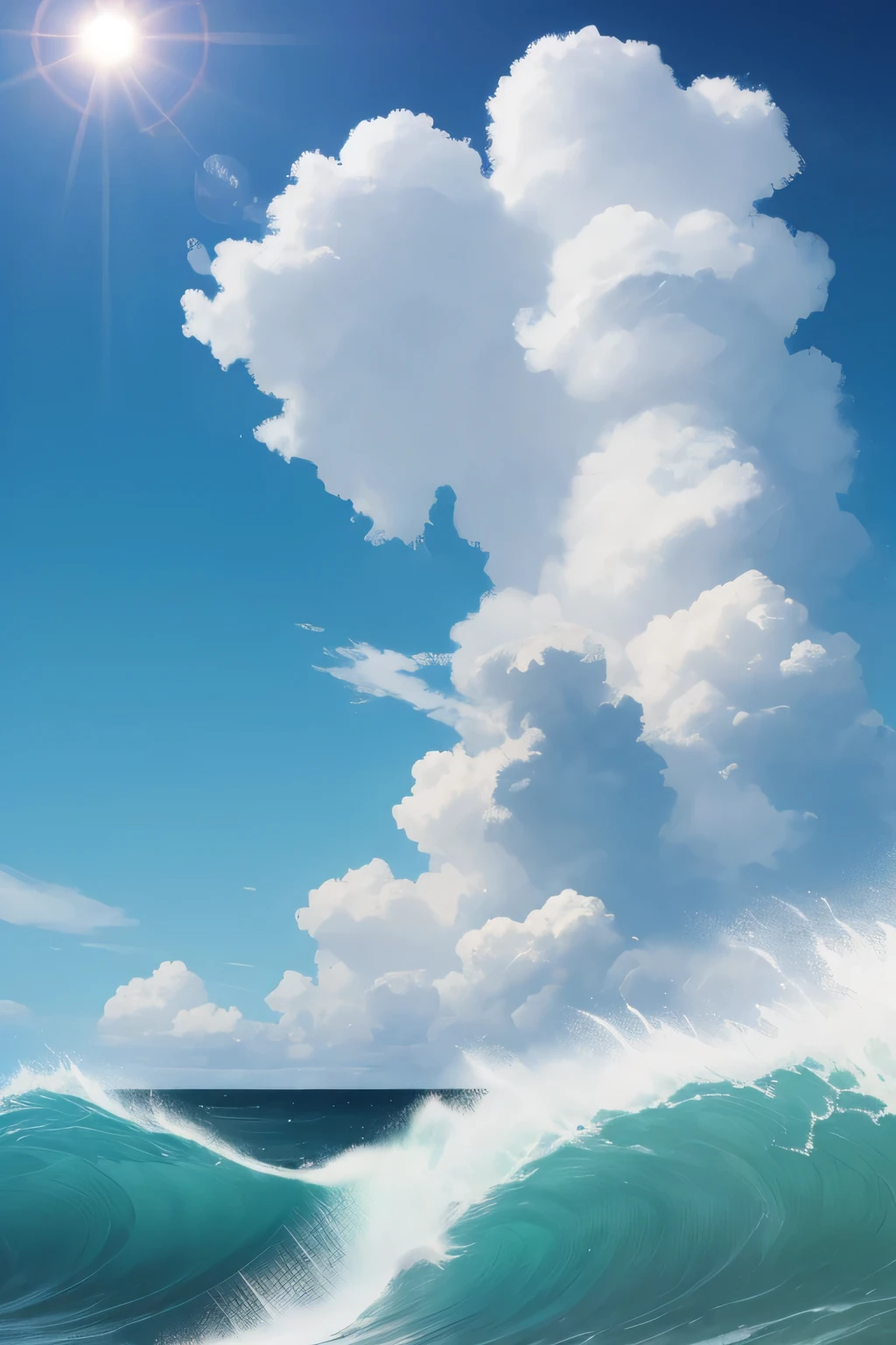 A very realistic view of nature.180p. It should on the beach with a greeny biome one the left and a clouds so big with a silver lining and a sun(white). The water must have a wave bubble for extra scene . Should have no person