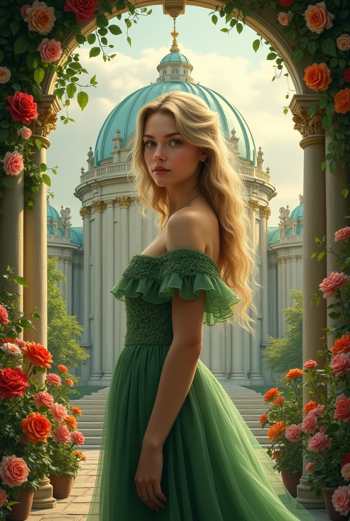 Create for me the image of the cover of my book the title (Anne's Fate) write the name in Portuguese and put my author name Kelly Ramos put a palace in the background, flowers and a young woman with an angelic face, a very realistic image of blond hair and green eyes wearing a moss green dress from the 1910s